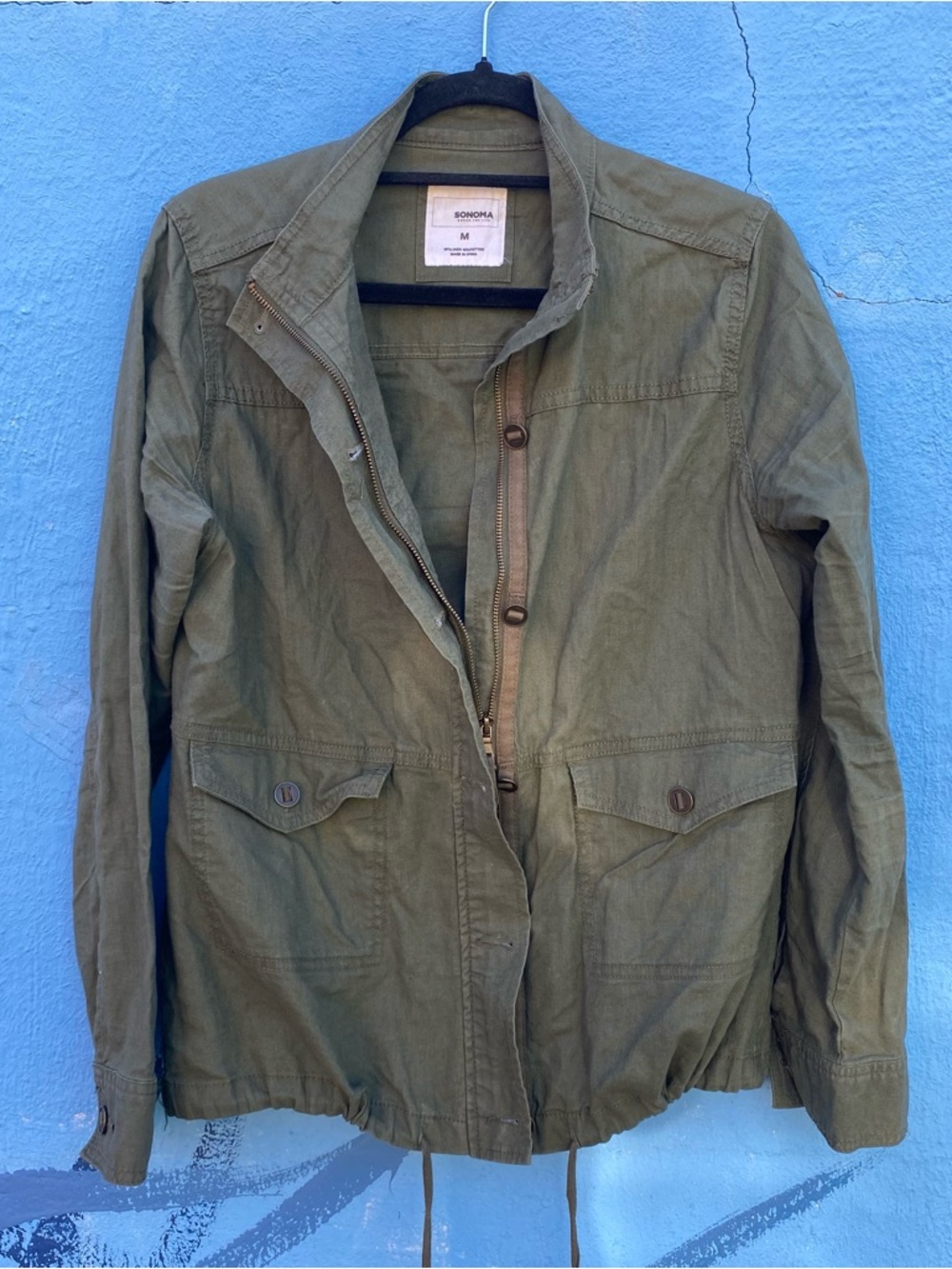 Lightweight linen jacket, earthy army green, Sonoma brand, pockets, zip up, M